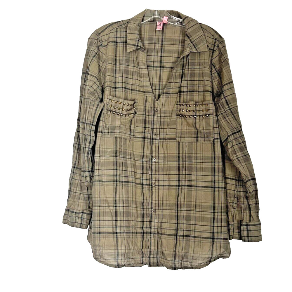 Dolled Up Shirt 2XL by Fang Studded Green Plaid Blouse Cowgirl Western Glam Cute